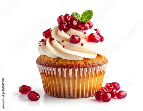 Delicious cupcake with pomegranate seeds and cream topping.