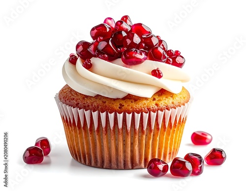 Delicious cupcake with pomegranate seeds and white frosting.