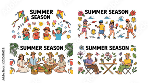 Summer Season Celebrations: A collection of four vibrant illustrations depicting joyful activities and elements associated with the summer season, including children playing, picnics, and beach fun.