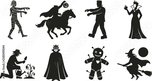 Classic Halloween Monsters and Spooky Characters Vector Silhouette Set