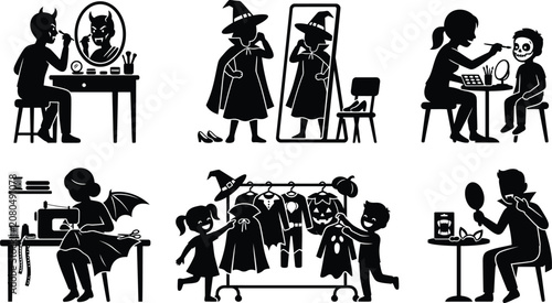 Family Dressing Up and Preparing for Halloween Costumes Vector Silhouette