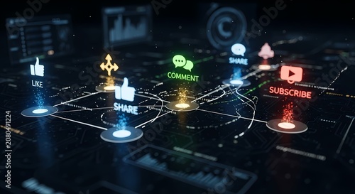 Neon social media engagement symbols over digital data network surface