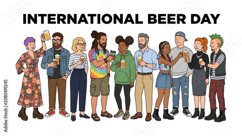 Fotografie International Beer Day Celebration: A diverse group of individuals, each with unique styles, raises glasses of beer in a joyful celebration of International Beer Day
