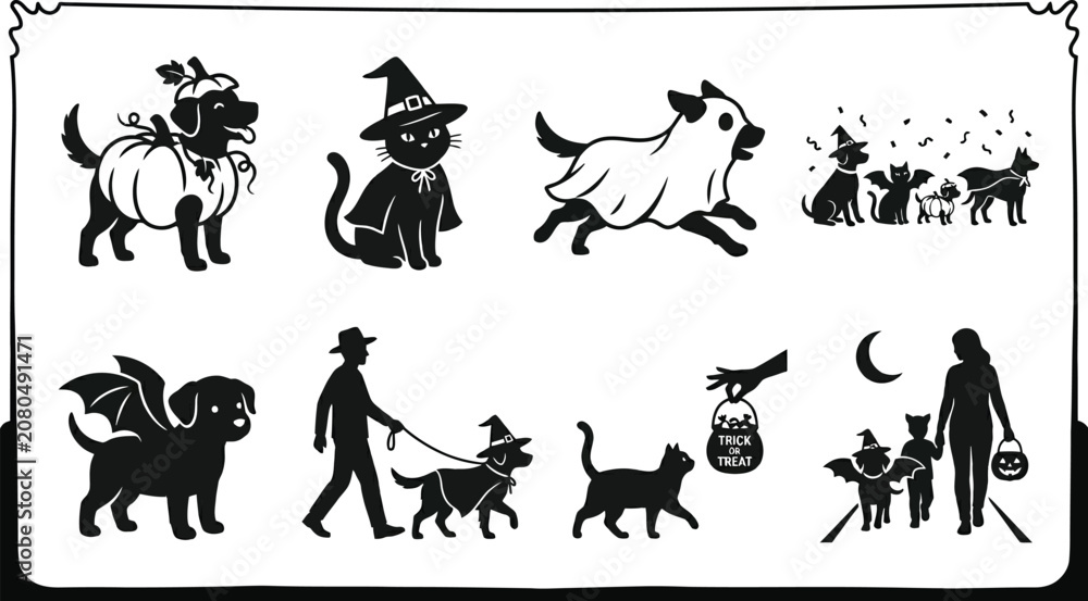 Fototapeta premium Cute Pets in Halloween Costumes Dog and Cat Vector Silhouette Set