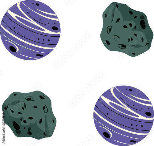 Set of outer space elements, purple striped planets and grey textured asteroids for cosmic design.