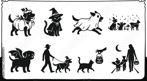 Cute Pets in Halloween Costumes Dog and Cat Vector Silhouette Set