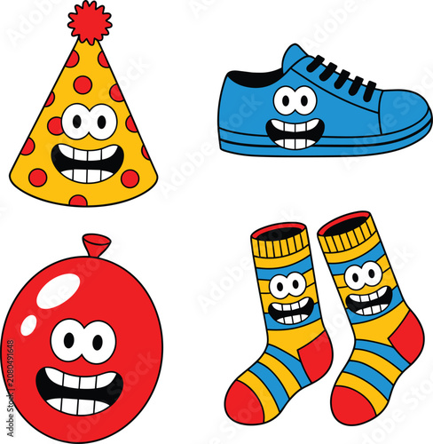 Set of happy cartoon characters, smiling party hat, blue sneaker, red balloon, and striped socks.