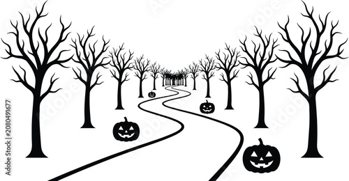 Halloween Spooky Forest Landscape with Pumpkins Black Silhouette Vector Illustration