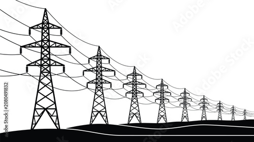 High Voltage Power Transmission Tower Silhouette Vector Illustration with Electric Power Lines