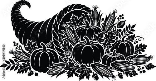 Thanksgiving Cornucopia Harvest Silhouette Pumpkin Autumn Vector Illustration Isolated on White Background