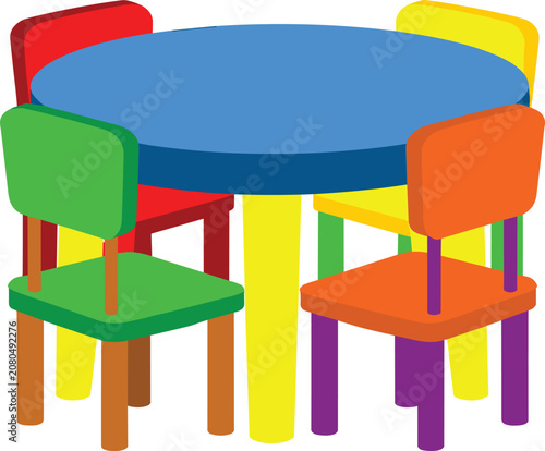 Colorful circular table with four small chairs, kids furniture set for kindergarten and play area.