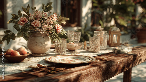 Spring gathering in a garden with flowers, fruits, and a decorated table setting
