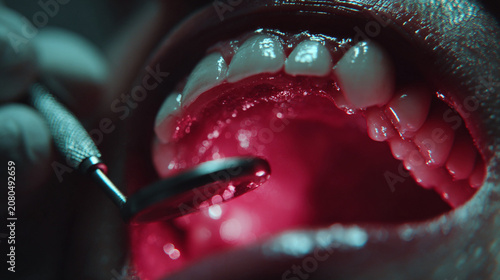 Bright light shines on teeth during dental cleaning at a clinic in the afternoon while a dentist checks for cavities
