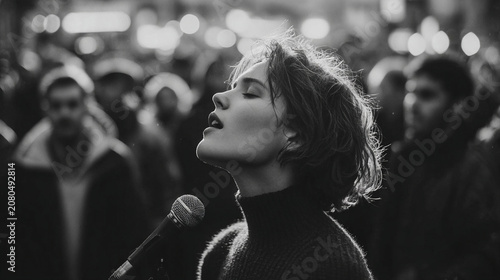 Person sings on the street surrounded by a crowd during evening in a busy city area