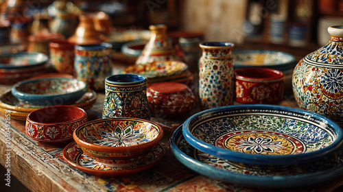 Colorful Maghreb tableware displayed on a wooden table in a market setting filled with various traditional items and designs