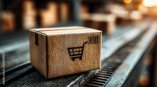 Shipping box sits on a conveyor belt at a distribution center during late afternoon
