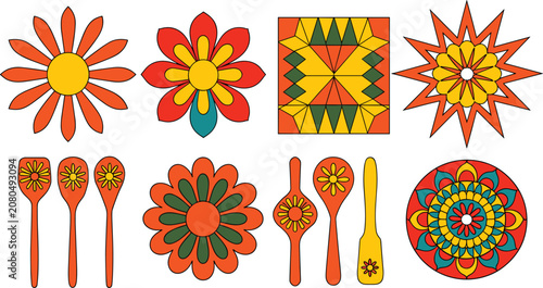 Retro floral elements set, vintage kitchen utensils, geometric mandala patterns, groovy 70s style, bright decorative icons.