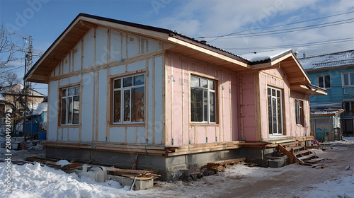 Insulation process underway for a newly built house in winter with snow on the ground