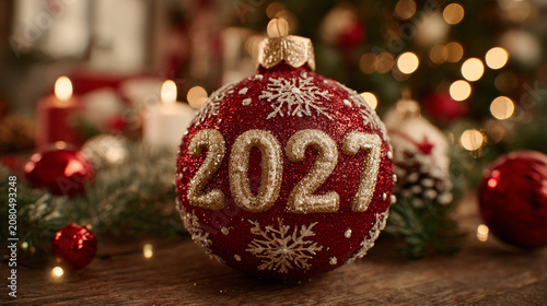 Celebration of New Year and Christmas with a red ornament showing the year 2027 and festive decorations