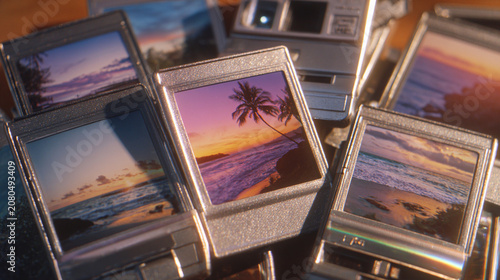 Flying pictures from an instant camera capture moments of sunsets and beaches