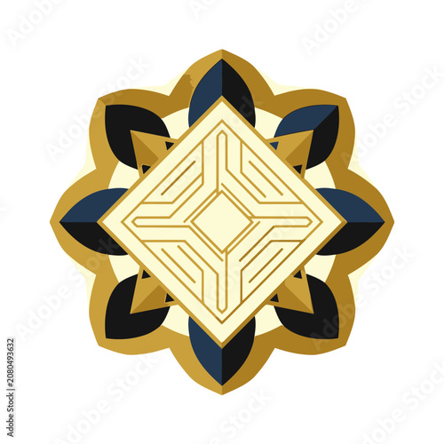 Geometric Flower Emblem with Gold and Navy Blue Design