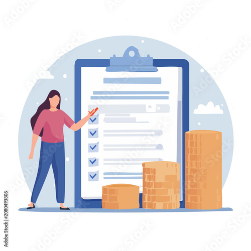 Woman with clipboard and checklist in flat vector style