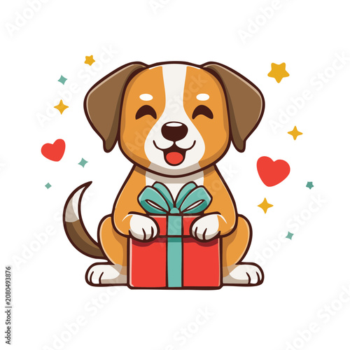Cartoon Dog Holding Gift Box with Bow