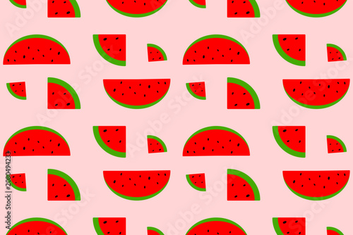 Seamless pattern of cute watermelon slices on red background vector illustration