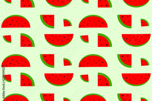 Seamless pattern of cute watermelon slices on green background vector illustration