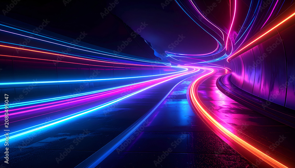 Fototapeta premium Lit tunnel with vibrant neon streaks, reflecting on a wet surface, a futuristic scene