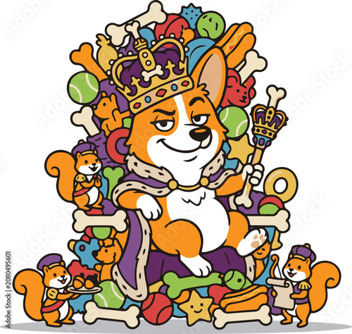Cute corgi dog king sitting on a throne made of bones and toys cartoon illustration