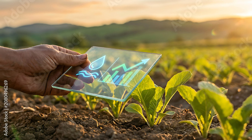 Farmer holding transparent digital tablet screen displaying irrigation statistics and growth trend charts in sunlit agricultural field with lush green crops during golden hour.