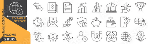 Income Editable Stroke Line Icons Set, Finance Outline Vector Collection, Money, Banking, Investment, Business, Savings, Payment, Profit, Editable Linear Icon Pack