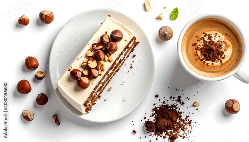 Delicious Hazelnut Cake with Coffee on White Table.