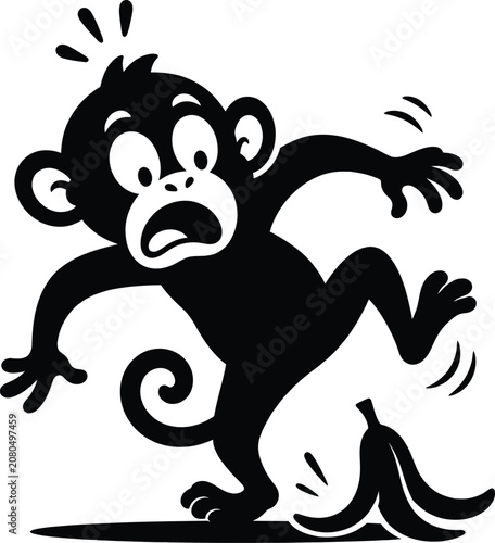 Funny cartoon monkey character slipping on a banana peel in a silly accident