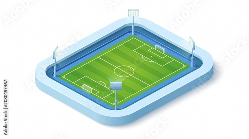 a full football stadium view with green grass field, blue boundary track/edge, white center circle and field markings, goal posts at both ends, and multiple floodlight towers.