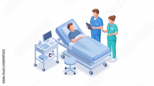 vector illustration on white background: a healthcare treatment room with a blue patient bed. Show two medical workers performing a basic medical procedure or checking the patient. 
