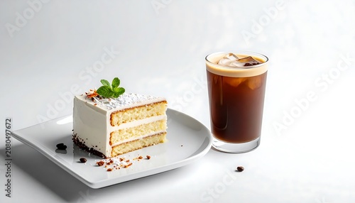 Delicious Layer Cake and Iced Coffee on White Table.