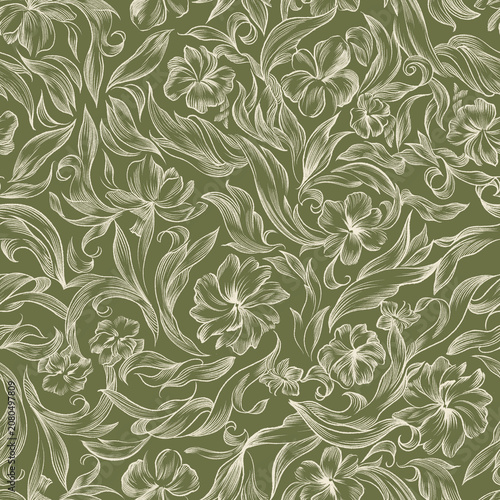 Sage Green Baroque Line Art Floral Seamless Pattern with Ornate Scrolls and Blossoms on Olive Green Background