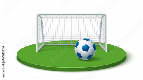 Clean 3D vector illustration on white background: a small soccer goal net at the back, a green round field platform in the center, and a realistic-style blue-and-white soccer ball positioned