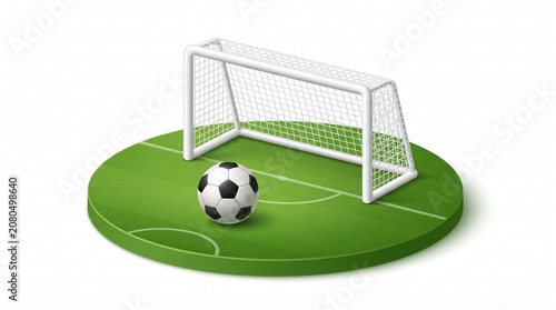 Clean 3D vector illustration on white background: a small soccer goal net at the back, a green round field platform in the center, and a realistic-style blue-and-white soccer ball positioned