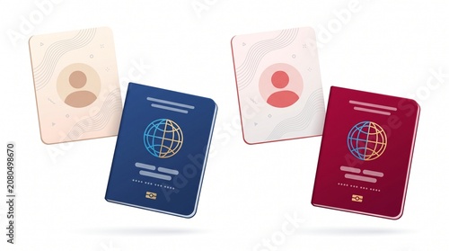 Clean 3D vector illustration on white background: display four passport cards in two styles .Include a central globe emblem Include a central globe emblem on the blue/red passports .