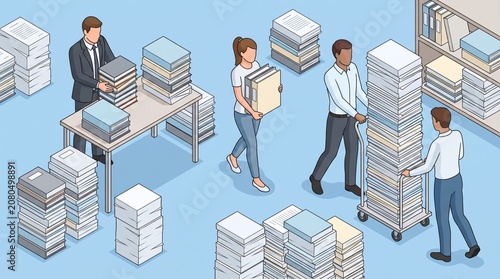 Clean 3D isometric vector illustration on a light blue background. A busy office scene with a desk and chair on the right, where a worker sits reviewing documents. Several other workers stand.