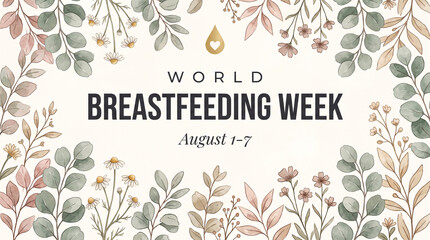 World breastfeeding week horizontal social media banner with detailed watercolor eucalyptus and foliage border breastfeeding maternal