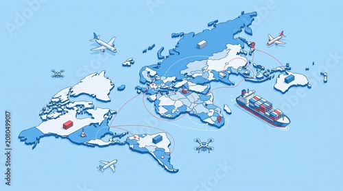 vector illustration, isometric view on a light blue background. Create a world map layout made of simplified continents with dotted route lines connecting major locations. Place a large cargo ship 