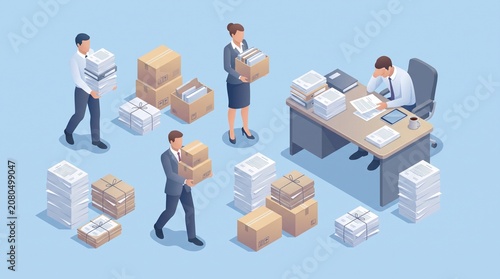 Clean 3D isometric vector illustration on a light blue background. A busy office scene with a desk and chair on the right, where a worker sits reviewing documents. Several other workers stand.