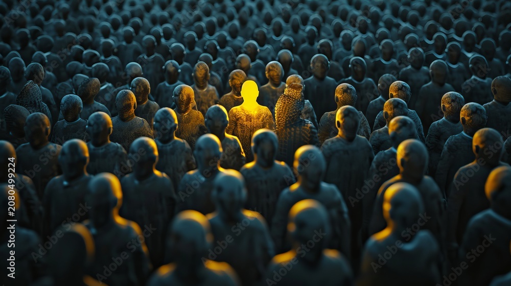 Fototapeta premium A radiant human figure among shadows represents leadership and individuality in resource selection