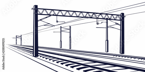 Photos Illustration of electric railway infrastructure with overhead catenary gantry st