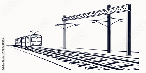 Photos Graphic drawing of a passenger train traveling on tracks with overhead electric