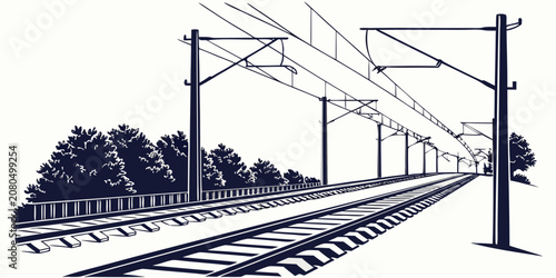 Graphic illustration of railway tracks passing through a landscape with overhead power lines and trees landscape railroad catenary electricity
